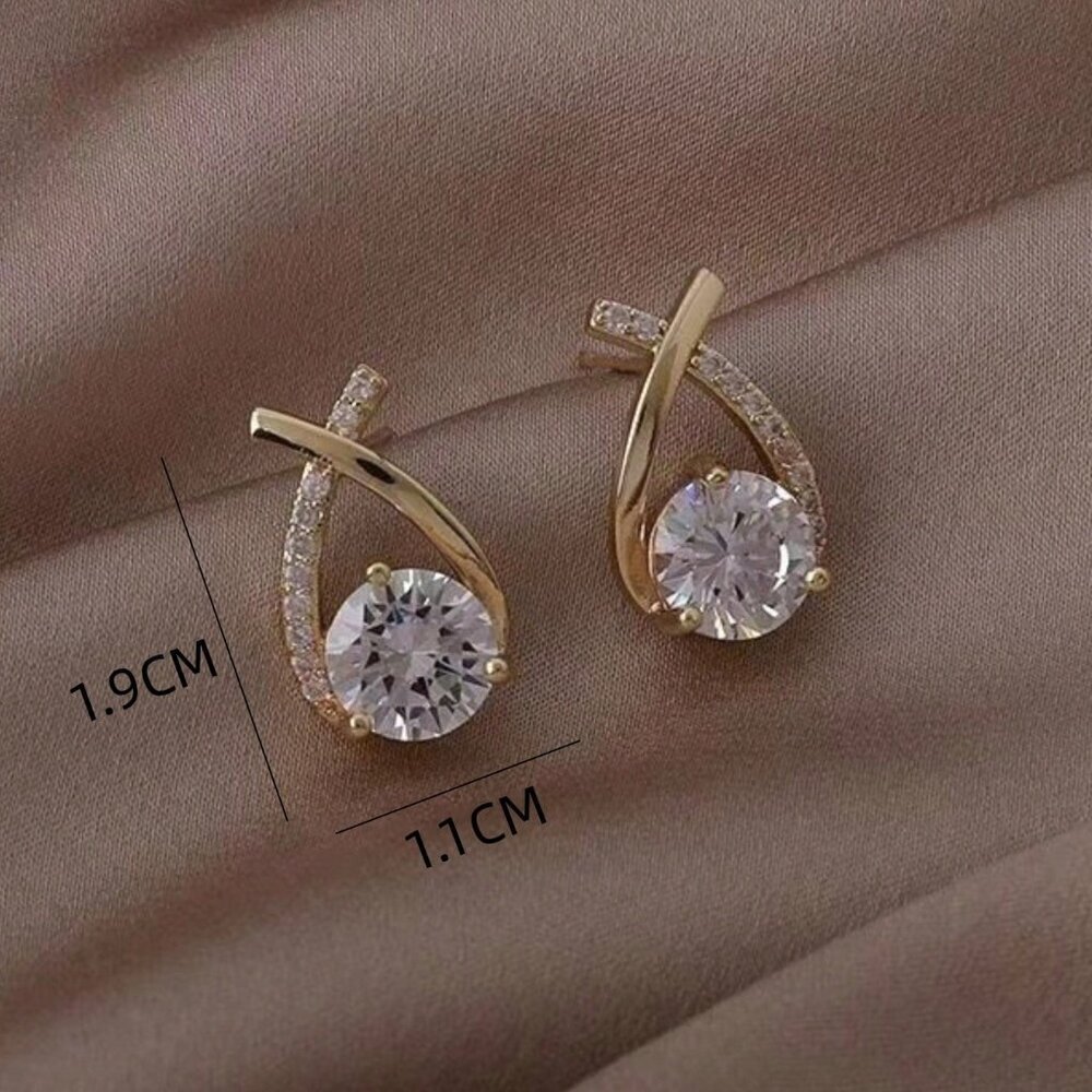Yellow Gold Women's Crossed Labradorite & Rhinestone Decor Stud Earrings - Picture 4 of 4